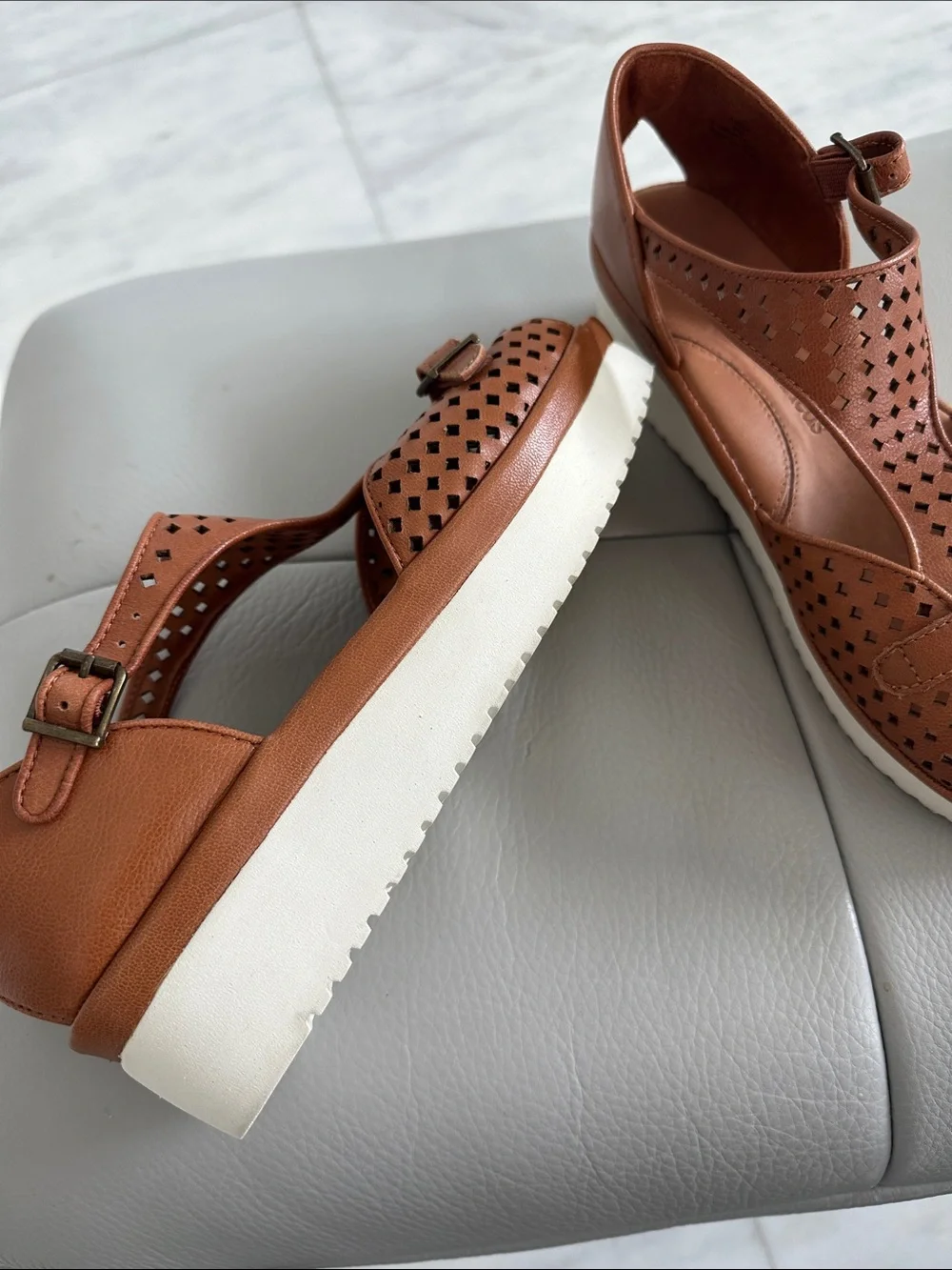 Women's Tan Perforated Buckle Wedge Sandals